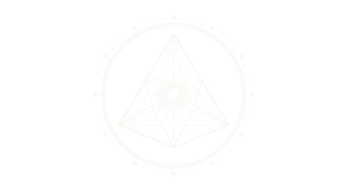 Tetraedro com brilho central e anel de estrelas, motivo geométrico
